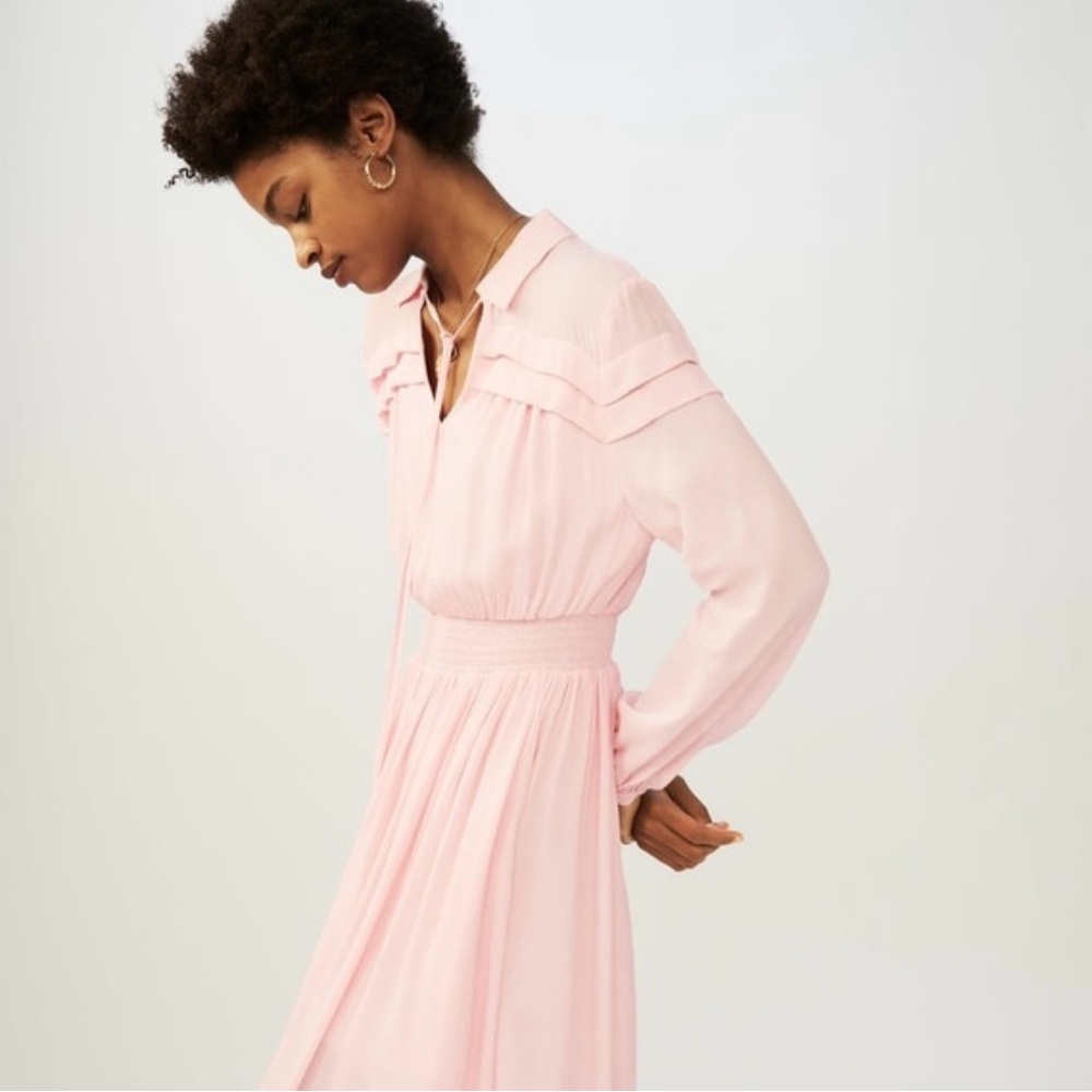 Maje Pink Pleated Wrap Dress with Bishop Sleeves